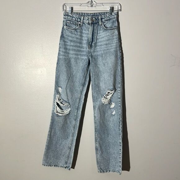 &denim high waist stone washed distressed straight leg loose fit denim jeans 25 - Picture 1 of 5